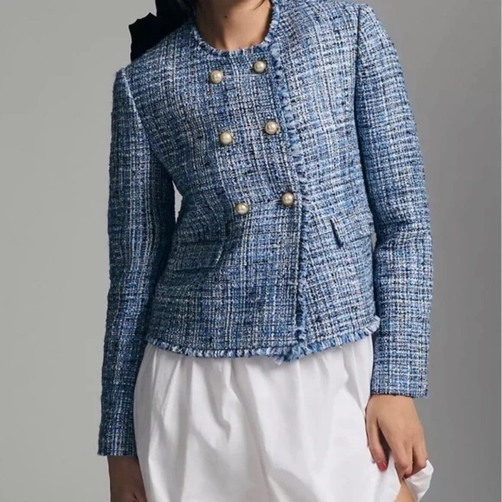 Maeve by Anthropologie Blue Tweed Pearl Button Jacket Cropped Blazer—US 6